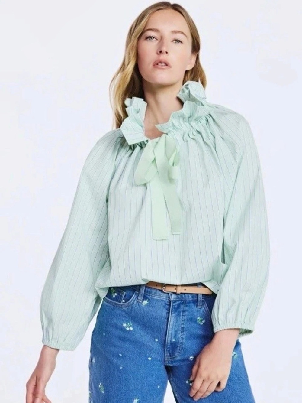 Free Assembly Striped Tie Neck Blouse in Green & White Size XL Like New